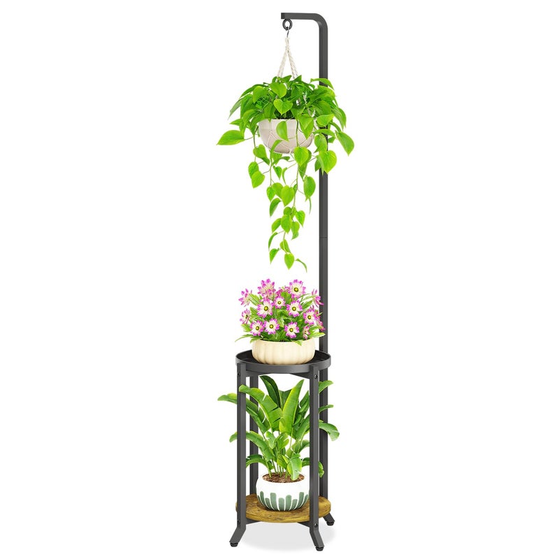 iDavosic.ly 2 Tier Hanging Plant Stand Indoor, Tall Vertical Corner Metal Flower Heavy Duty Pot Holder Shelf for Patio Porch Living Room, Modern Black & Rustic Brown - Round - Image 1