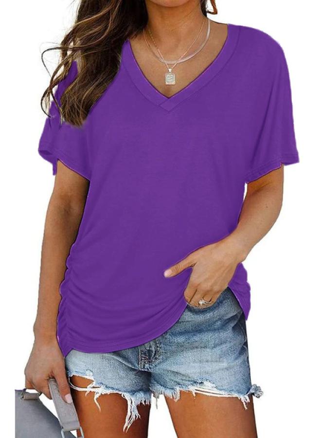 Summer European And American Women's Top Explosions V-neck Solid Color Short-sleeved T-shirt Women's Top