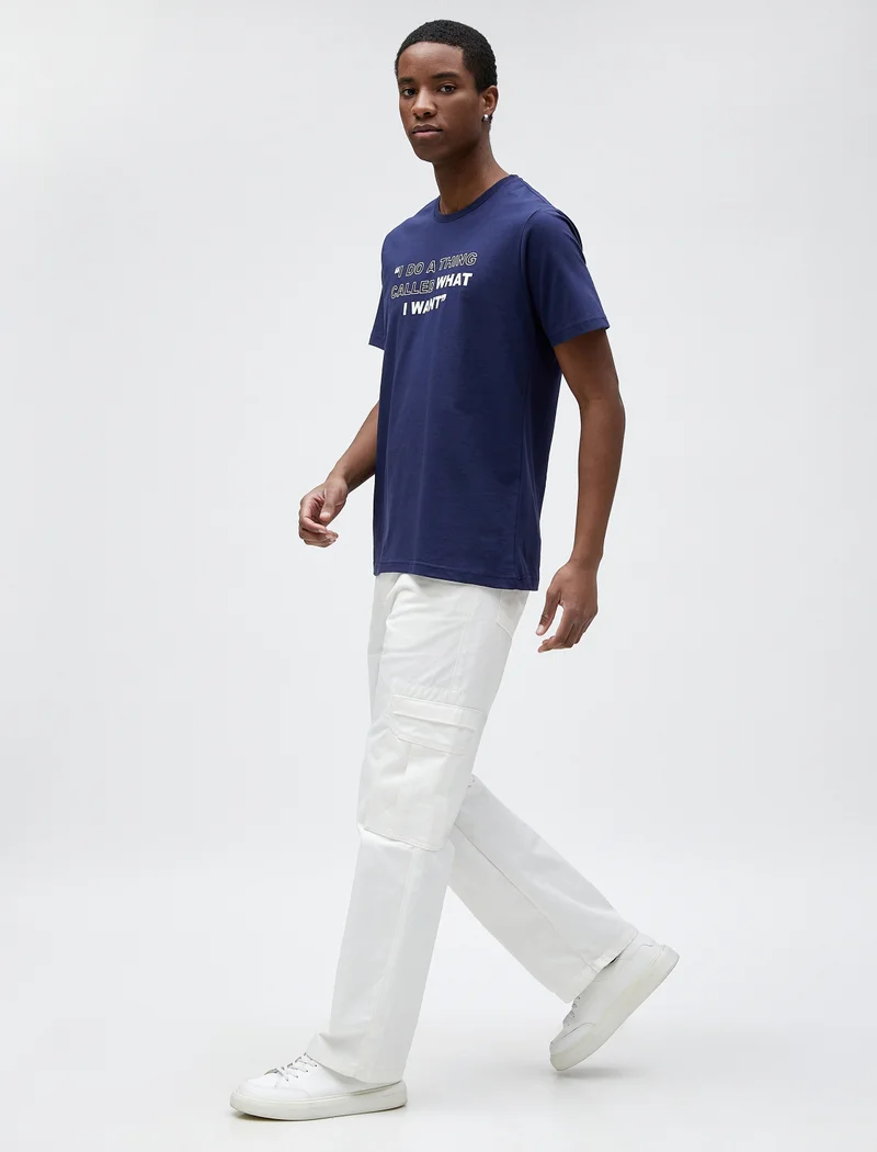 كوتون Slogan Printed T-Shirt Slim Fit Crew Neck Cotton