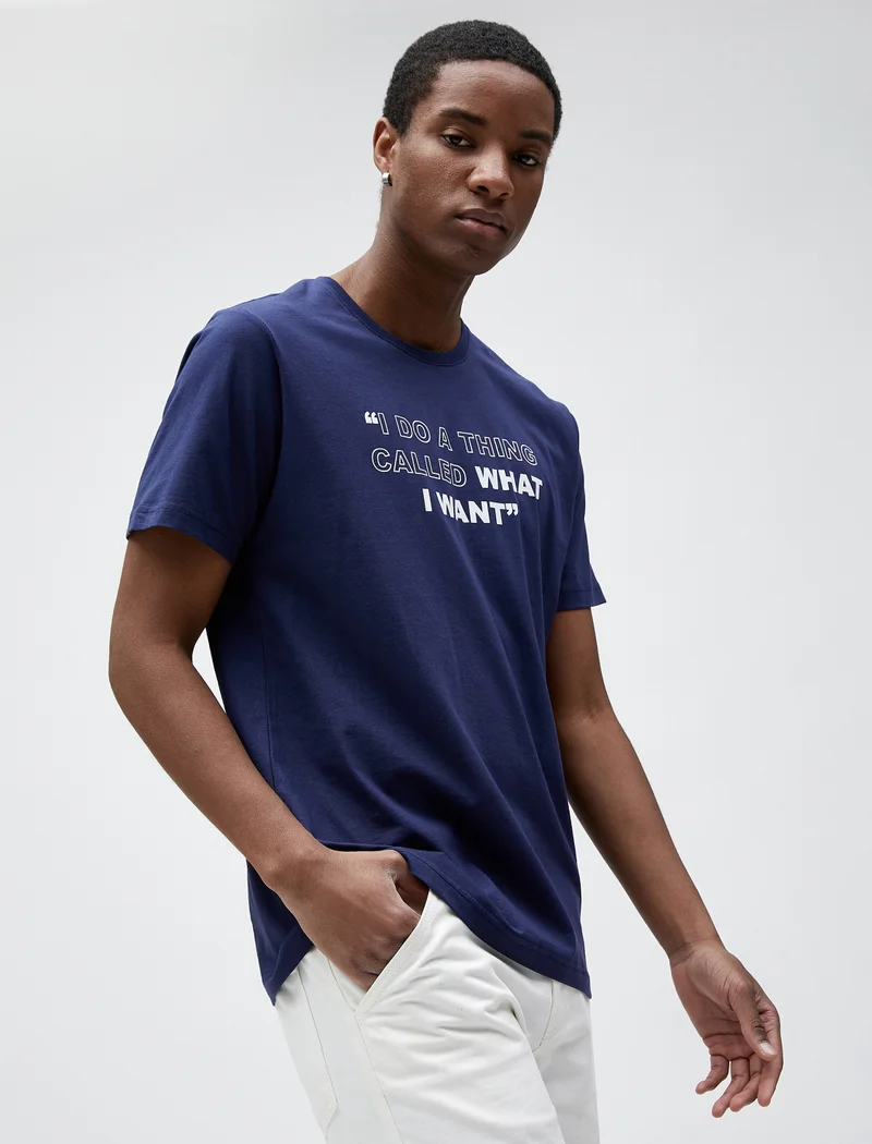 كوتون Slogan Printed T-Shirt Slim Fit Crew Neck Cotton