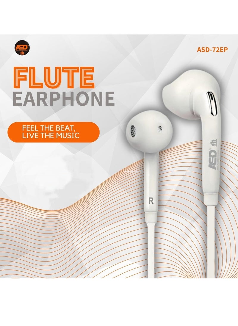 ASD ASD-72EP Flute In-Ear Wired Earphones with Deep Bass and Mic – Noise Isolating, Lightweight Design - White  - Image 2