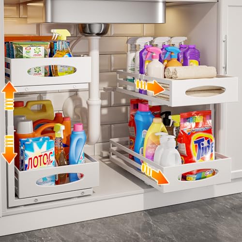 Under Sink Organizer 2 Tier Under Sink Organizers and Storage Adjustable Height Slide out Metal Cabinet Organizers Pull out Cabinet Storage Drawer Shelf for Kitchen Bathroom