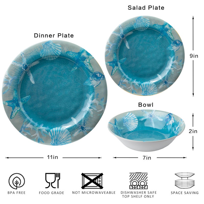 ZAROCRUS 12 PCS Melamine Dinnerware set, Unbreakable Coastal Plates and Bowls Set, Lightweight Chip Resistant Oceanic Dishes Set, Service for 4, Great for Camper, RV, Indoors Outdoors Use - Image 5