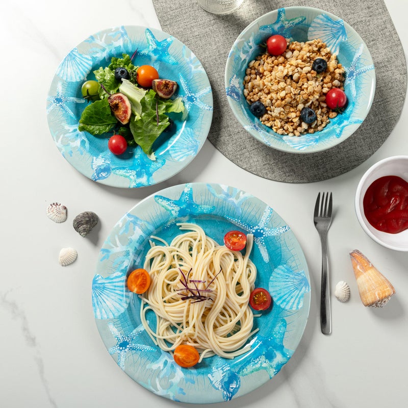 ZAROCRUS 12 PCS Melamine Dinnerware set, Unbreakable Coastal Plates and Bowls Set, Lightweight Chip Resistant Oceanic Dishes Set, Service for 4, Great for Camper, RV, Indoors Outdoors Use - Image 3