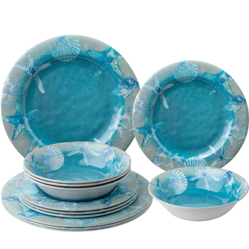 ZAROCRUS 12 PCS Melamine Dinnerware set, Unbreakable Coastal Plates and Bowls Set, Lightweight Chip Resistant Oceanic Dishes Set, Service for 4, Great for Camper, RV, Indoors Outdoors Use - Image 1