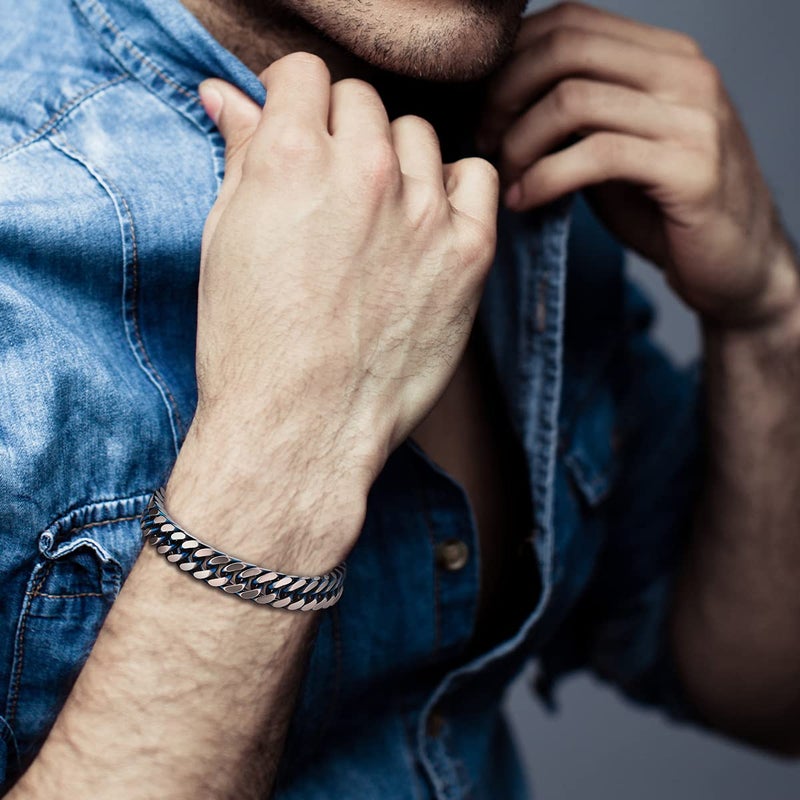 COOLSTEELANDBEYOND Mens Stainless Steel Silver Blue Two-tone Curb Chain Bangle Bracelet, Satin Finish - Image 2