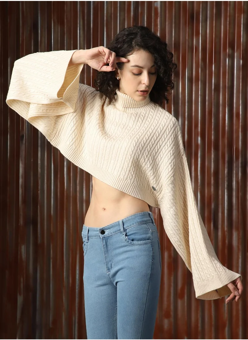 هاي ستار Women's White 100% Acrylic Solid Sweater