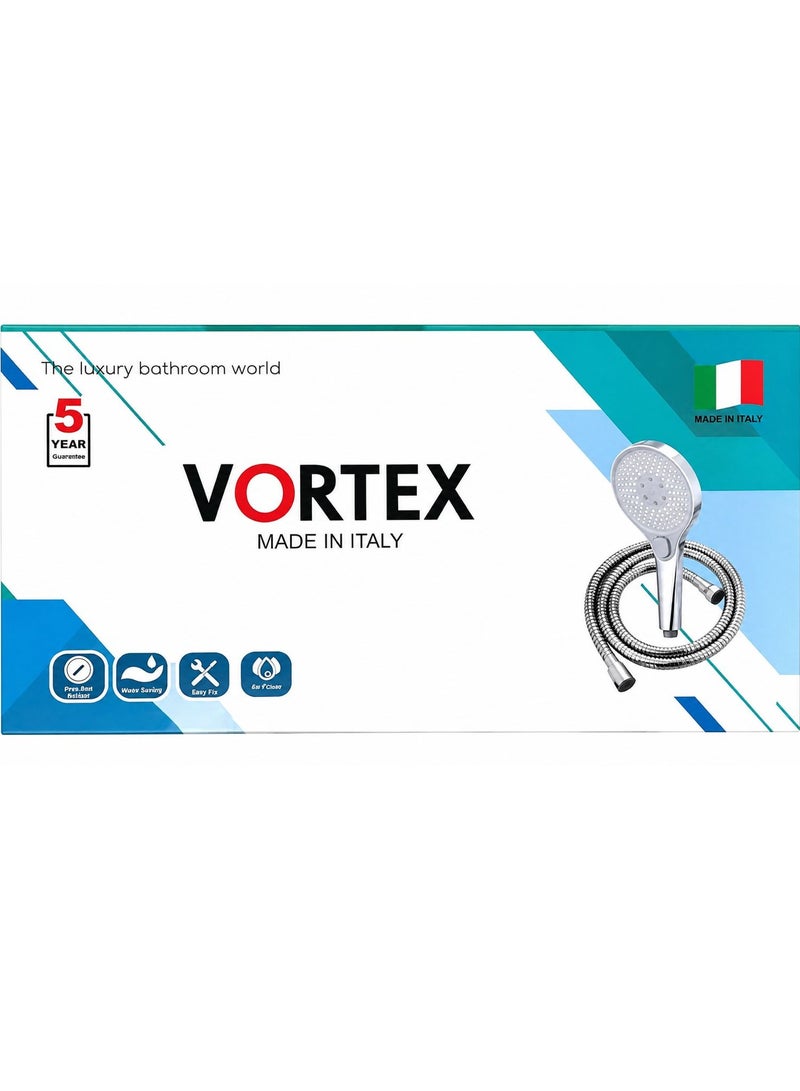 VORTEX Premium Italian Shower Head | High Pressure & Water Saving | Stainless Steel Hose | 5-Year Warranty