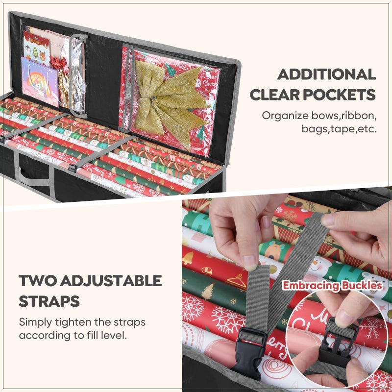 BALEINE Soft Christmas Wrapping Paper Storage Bag, 40" Durable PE Gift Wrap Storage Bag with Flexible Partitions and Pockets for Ribbon, Accessories (Black) - Image 2