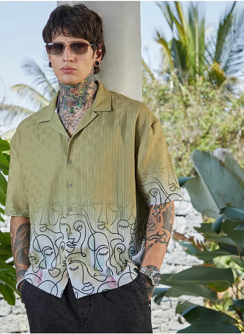 Campus Sutra Men's Pistachio Green Faces-Ombre Oversized Shirt
