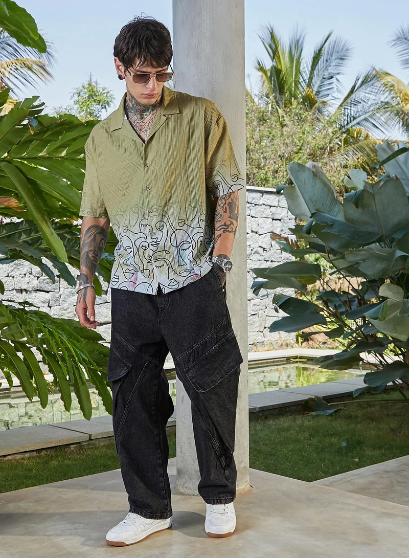 Campus Sutra Men's Pistachio Green Faces-Ombre Oversized Shirt