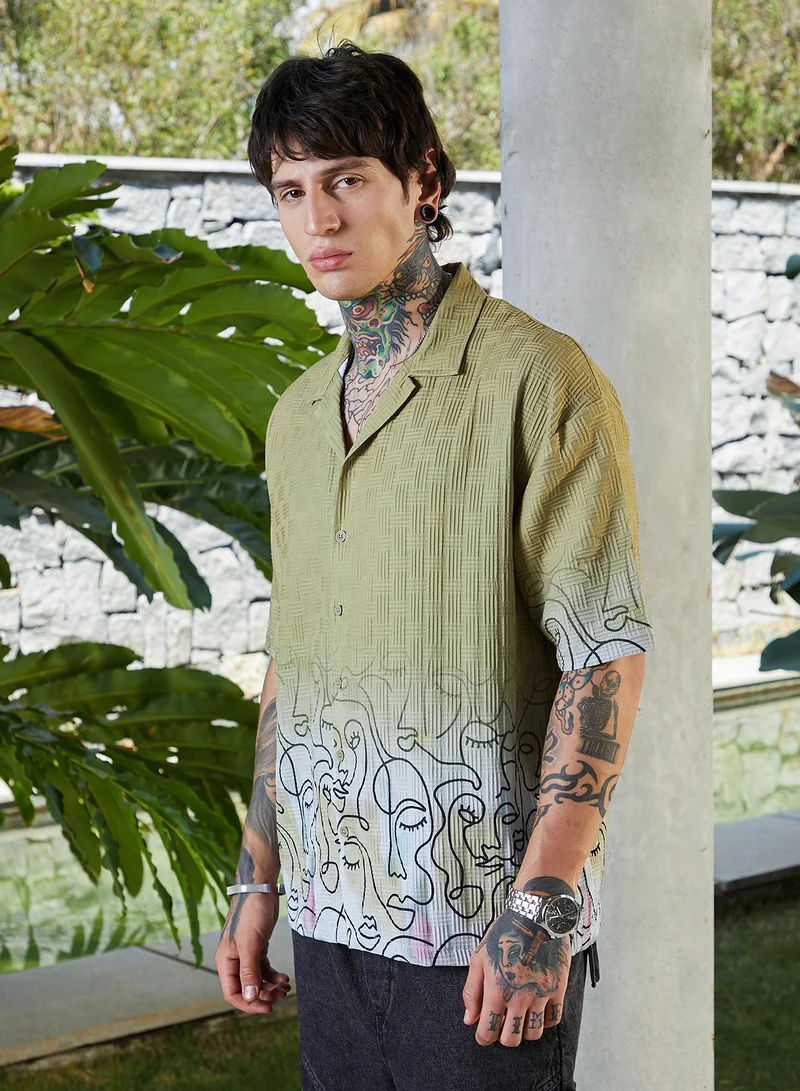 Campus Sutra Men's Pistachio Green Faces-Ombre Oversized Shirt