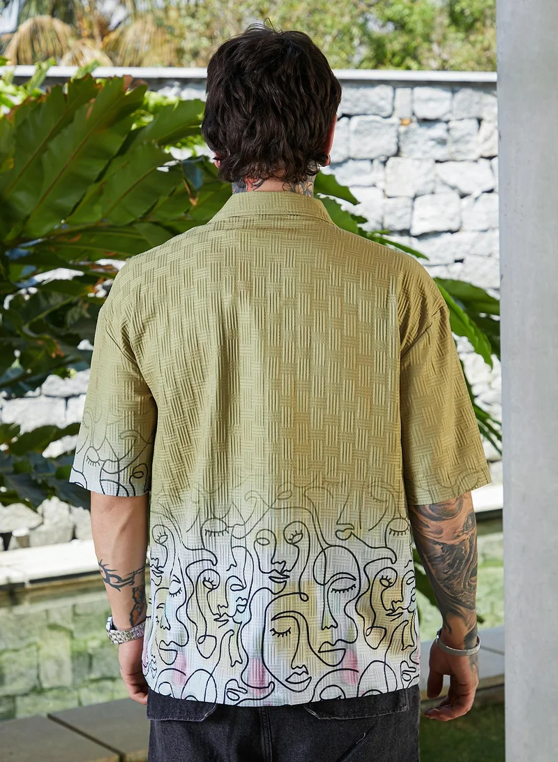 Campus Sutra Men's Pistachio Green Faces-Ombre Oversized Shirt