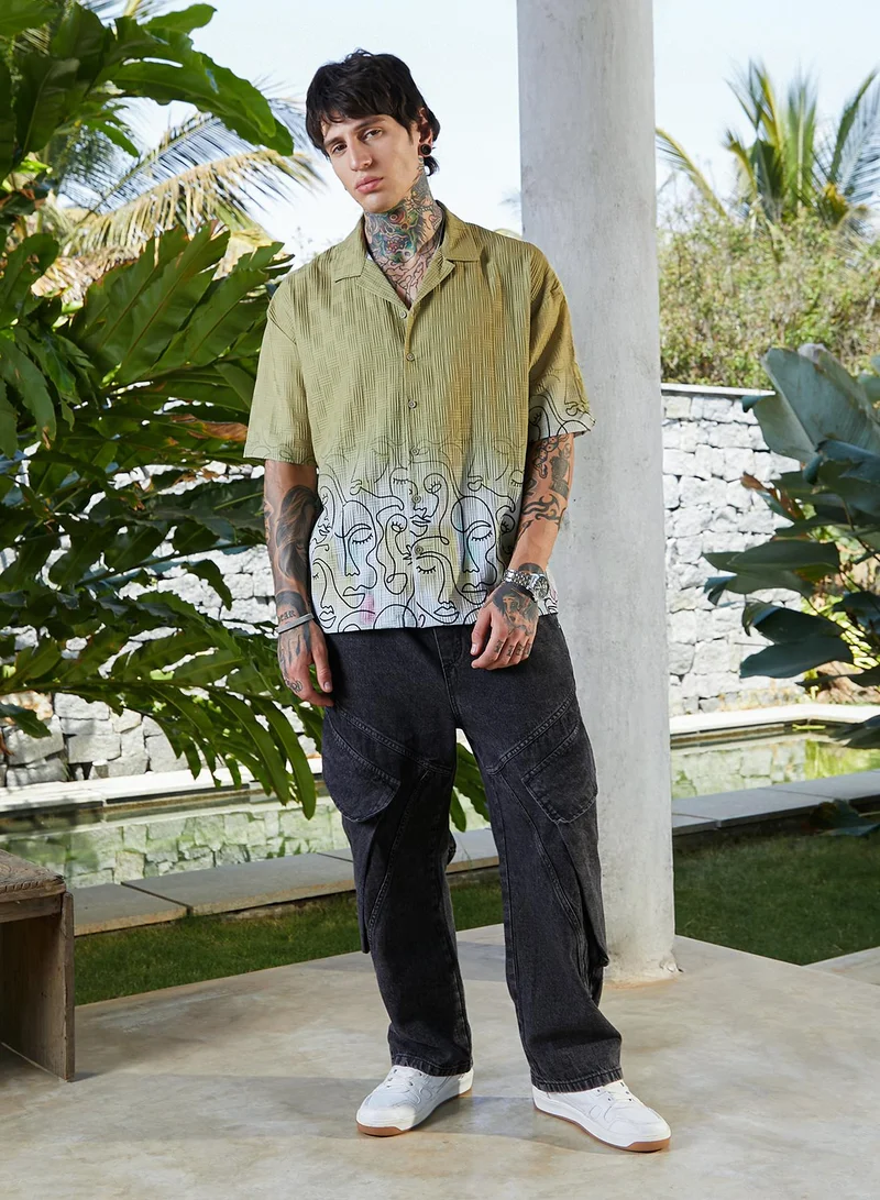 Campus Sutra Men's Pistachio Green Faces-Ombre Oversized Shirt