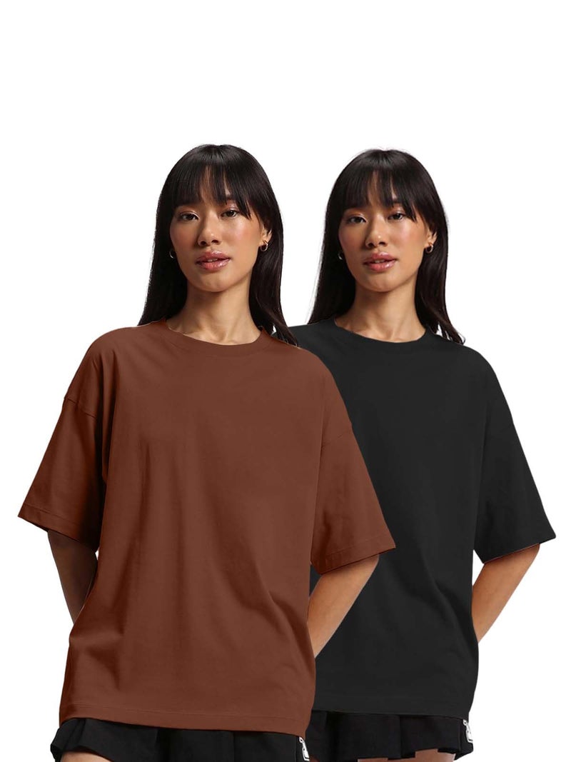 JUNEBERRY® Pure Cotton Drop Shoulder Oversized Baggy Fit Half Sleeve Plain Solid Round Neck Multicolor T-Shirt for Women & Girls (Pack of 2) (PO2_OS_JB_BR_BK_XXL) - Image 2