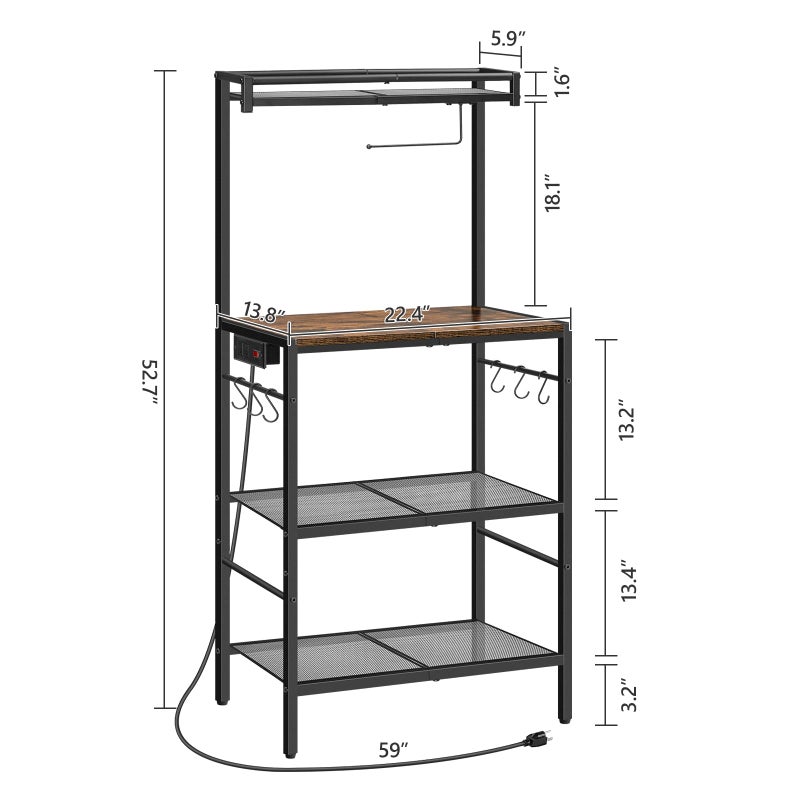 MAHANCRIS Bakers Rack with Storage, Microwave Stand with Paper Holder, Bakers Rack with Power Outlet, Coffee Bar Station with 6 Hooks, for Kitchen, Dining Room, Rustic Brown and Black BRHR36E01 - Image 3