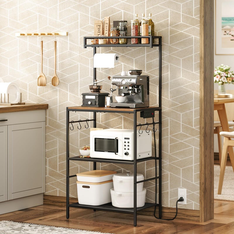 MAHANCRIS Bakers Rack with Storage, Microwave Stand with Paper Holder, Bakers Rack with Power Outlet, Coffee Bar Station with 6 Hooks, for Kitchen, Dining Room, Rustic Brown and Black BRHR36E01 - Image 1