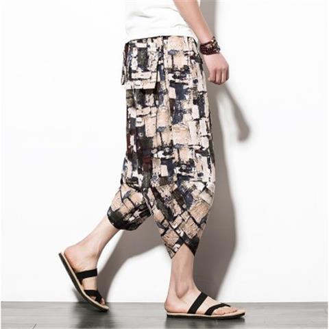 Chinese Style Mens Casual Cotton Linen Capris Brown K29-2  - Image 1
