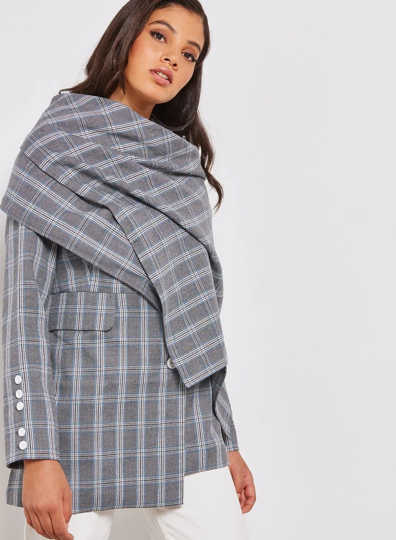 House Of Sunny Detachable Scarf Asymmetric Check Tailored Blazer
