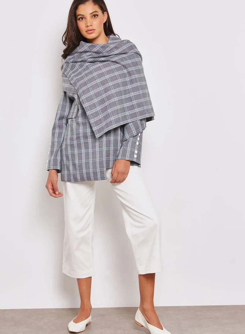 House Of Sunny Detachable Scarf Asymmetric Check Tailored Blazer