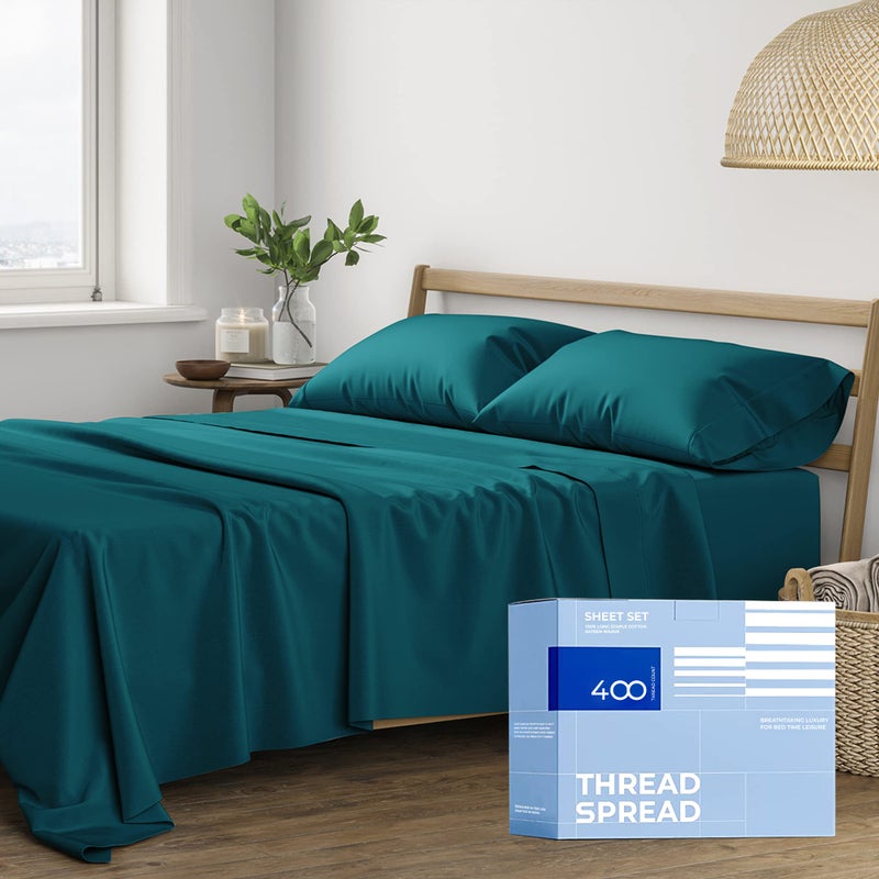 THREAD SPREAD 100 Cotton Bed Sheets Queen Set  400 Thread Count Cotton Queen Sheets Only 4 PC Set Teal Ultra Soft Breathable Cooling Sateen Weave 16 Deep Pocket Bedsheet for Hot Sleepers