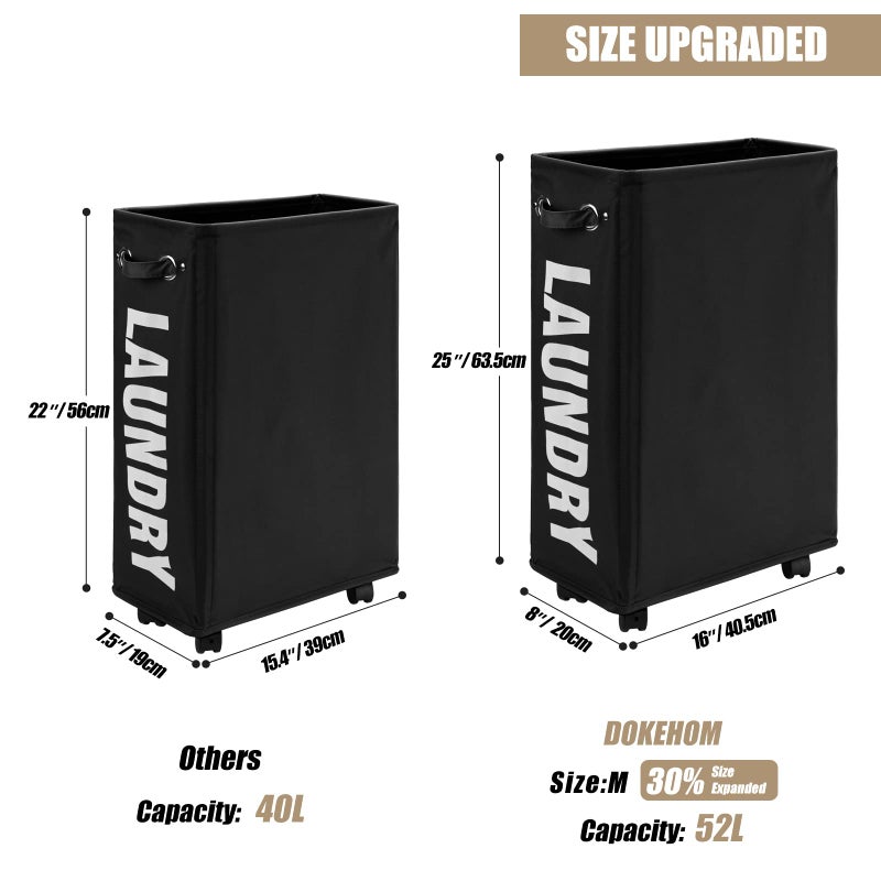 DOKEHOM 25-Inches Slim Laundry Basket on Wheels, Collapsible Rolling Laundry Hamper, Foldable Narrow Corner Clothes Storage Bins (Black) - Image 3