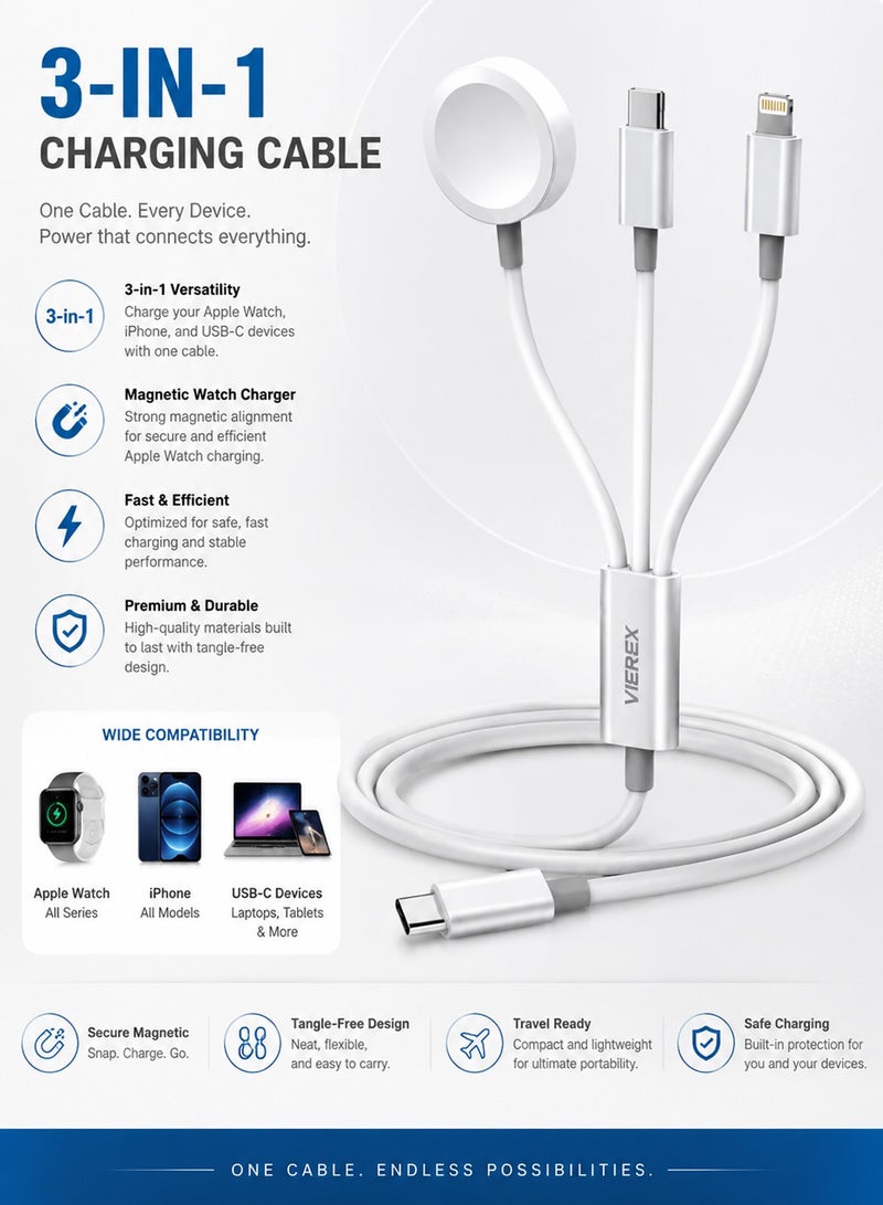 Vierex 3-in-1 Multi Magnetic Charging Dock Cable, 60W Type-C & 27W Lightning Splitter with Wireless Watch Charging Pad for Apple Watch Series - Image 5