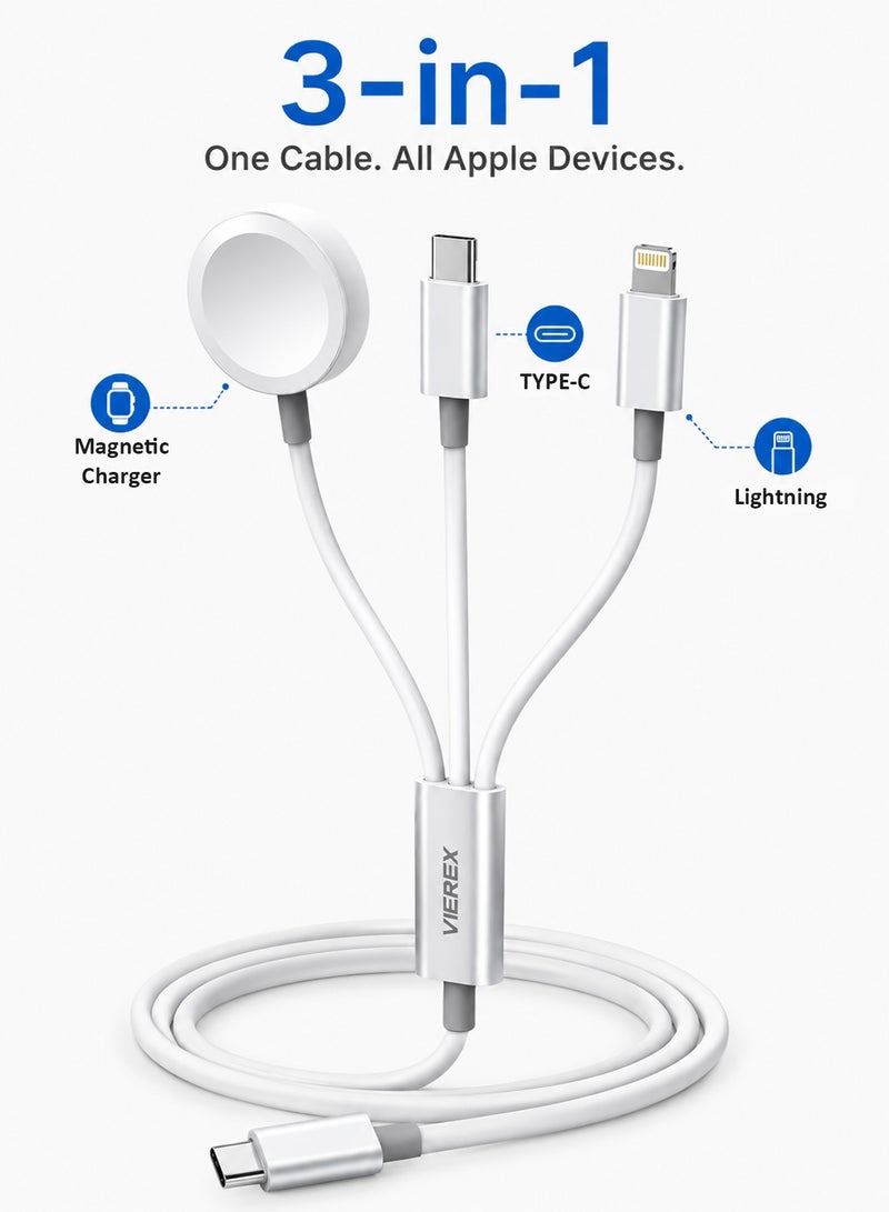 Vierex 3-in-1 Multi Magnetic Charging Dock Cable, 60W Type-C & 27W Lightning Splitter with Wireless Watch Charging Pad for Apple Watch Series - Image 1
