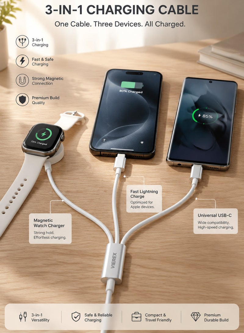 Vierex 3-in-1 Multi Magnetic Charging Dock Cable, 60W Type-C & 27W Lightning Splitter with Wireless Watch Charging Pad for Apple Watch Series - Image 3