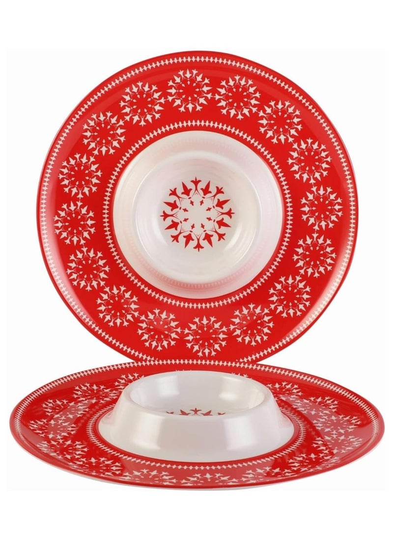 Generic - Melamine Pasta Plate Chip And Dip Set Round Serving Tray 2 Pack Chip Party Plate Serving Tray With Sauce Divider Innovative Multi Use Versatile Convenient For Party Red - Image 1