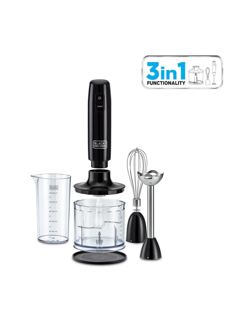 خلاط يدوي 3 في 1 من بلاك + ديكر مع قطاعة، 600 واط، أسود، موديل HB600-B5 - Image 1