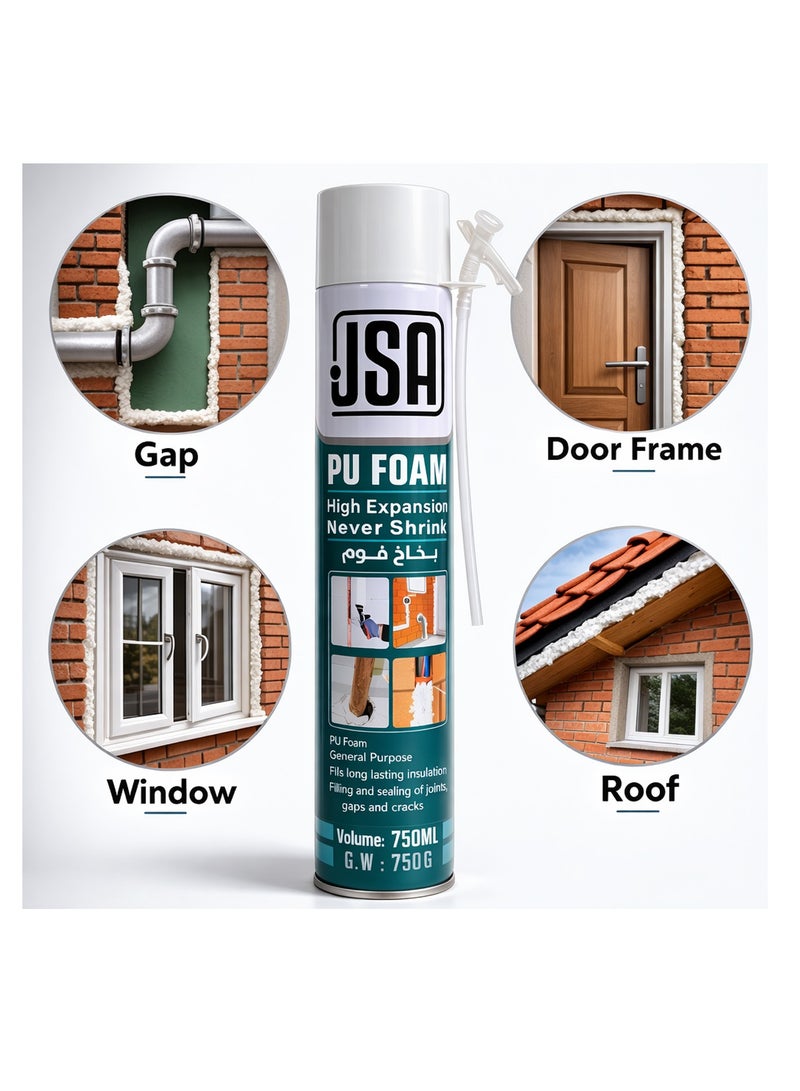 JSA PU Foam Spray 750ml High Expansion Insulating Sealant Foam for Gap Filling Crack Sealing Door Window Frame Insulation Waterproof Soundproof Expanding Spray Foam for Construction Repair Pipe Sealing Wall Joint Filling DIY Building Insulation - Image 3