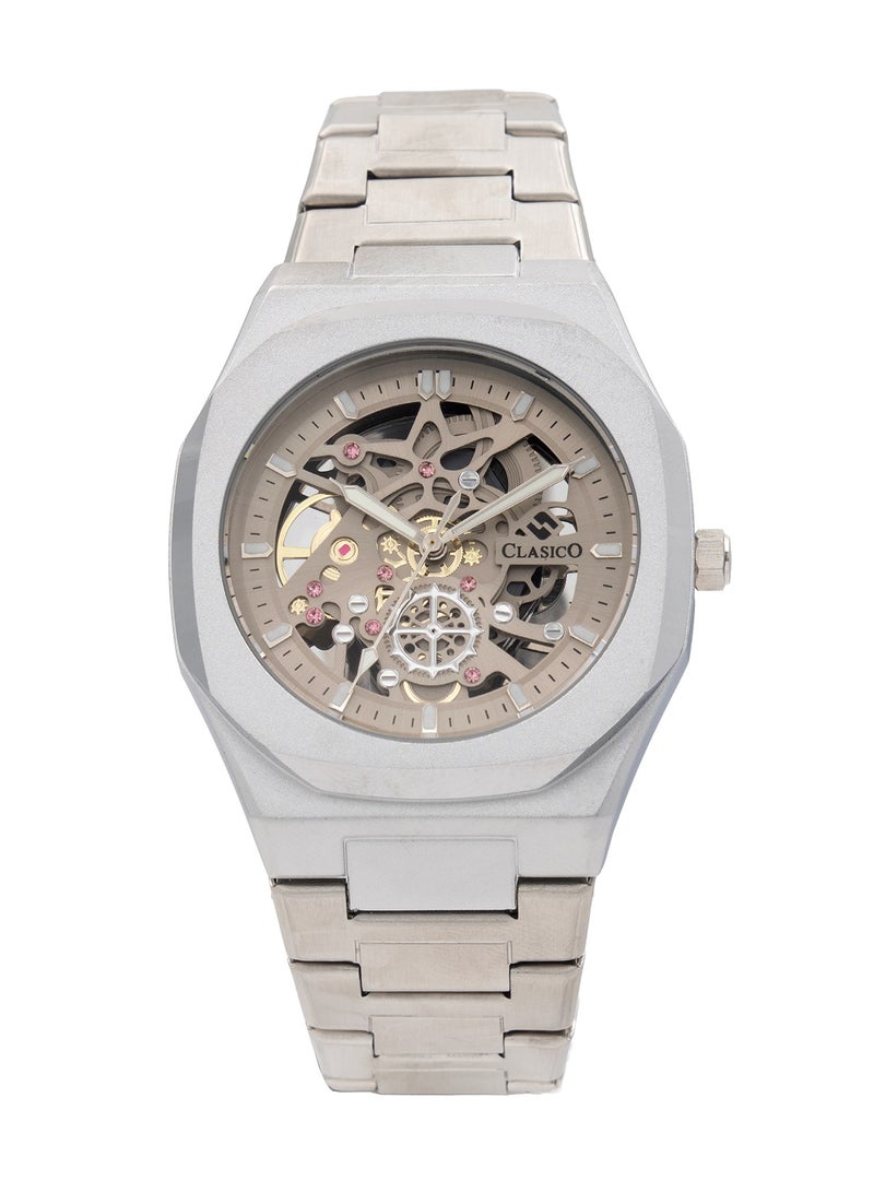 Clasico ساعة فورت سكلتون للرجال الفاخرة ⏱️ حركة كوارتز | فولاذ مقاوم للصدأ فضي ✨ | تصميم هيكل عظمى - Image 1
