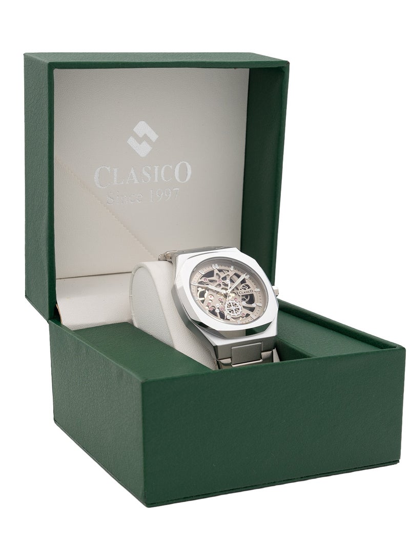 Clasico ساعة فورت سكلتون للرجال الفاخرة ⏱️ حركة كوارتز | فولاذ مقاوم للصدأ فضي ✨ | تصميم هيكل عظمى - Image 5