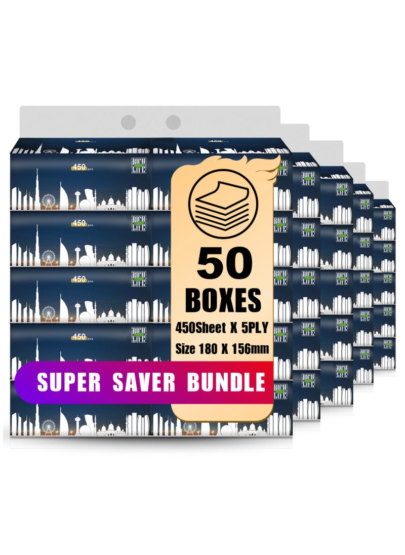 Rich Life Facial Tissue - Premium Quality 5-Ply - 450 Sheets | 50 Value Packs | Soft, Durable & Moisture Proof | 100% Raw Wood Pulp - Ideal for Wet & Dry | Available in 5 to 100 Packs  - Image 1