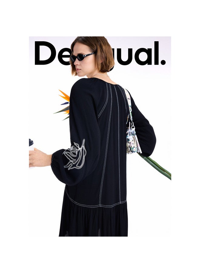 DESIGUAL 25 Autumn/Winter New Collection Loose Black And White Contrast Color Embroidered Long Sleeve Dress - Image 5