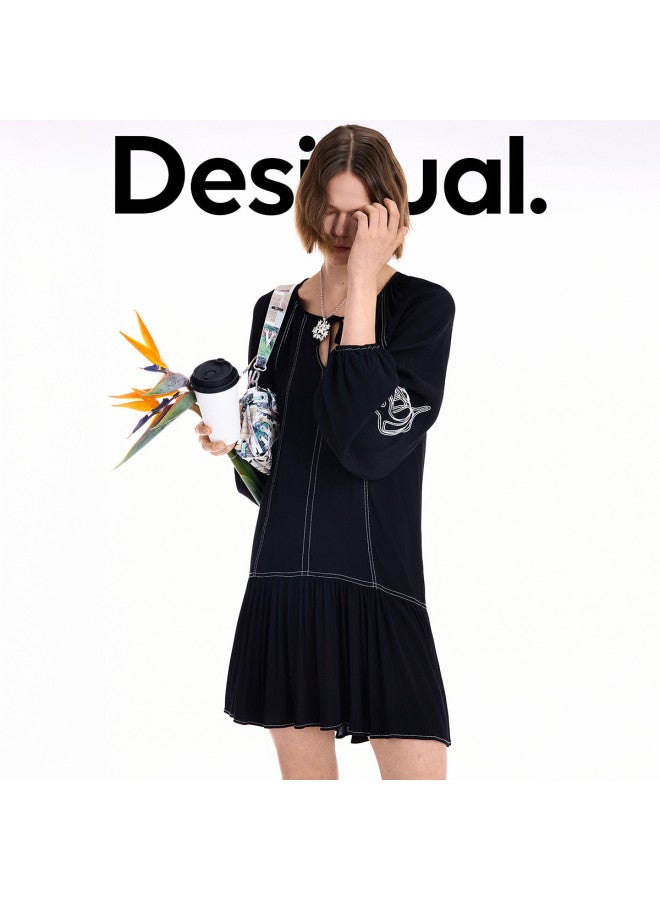 DESIGUAL 25 Autumn/Winter New Collection Loose Black And White Contrast Color Embroidered Long Sleeve Dress - Image 4