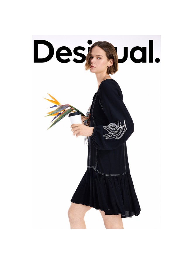 DESIGUAL 25 Autumn/Winter New Collection Loose Black And White Contrast Color Embroidered Long Sleeve Dress - Image 2