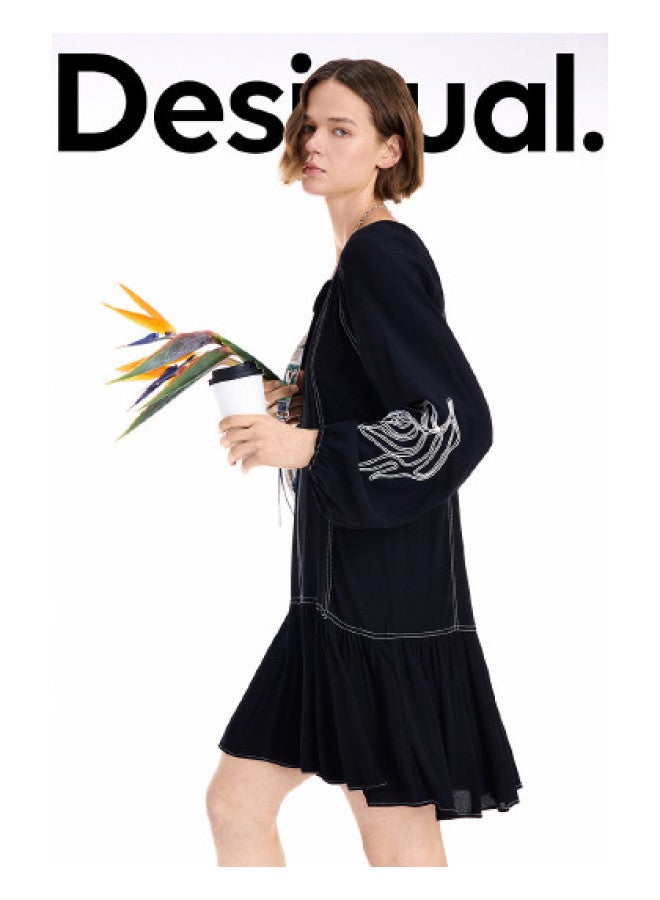 DESIGUAL 25 Autumn/Winter New Collection Loose Black And White Contrast Color Embroidered Long Sleeve Dress - Image 1