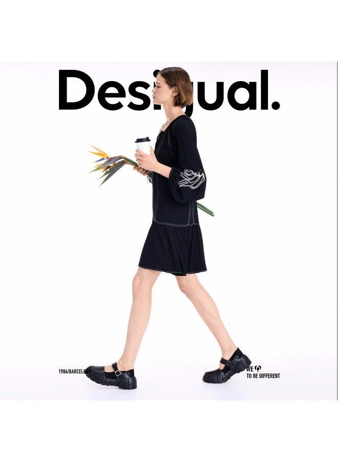 DESIGUAL 25 Autumn/Winter New Collection Loose Black And White Contrast Color Embroidered Long Sleeve Dress - Image 3