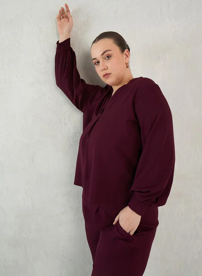 Femmella Plus Size Solid Collared Top and Pants Co-Ords by Styli