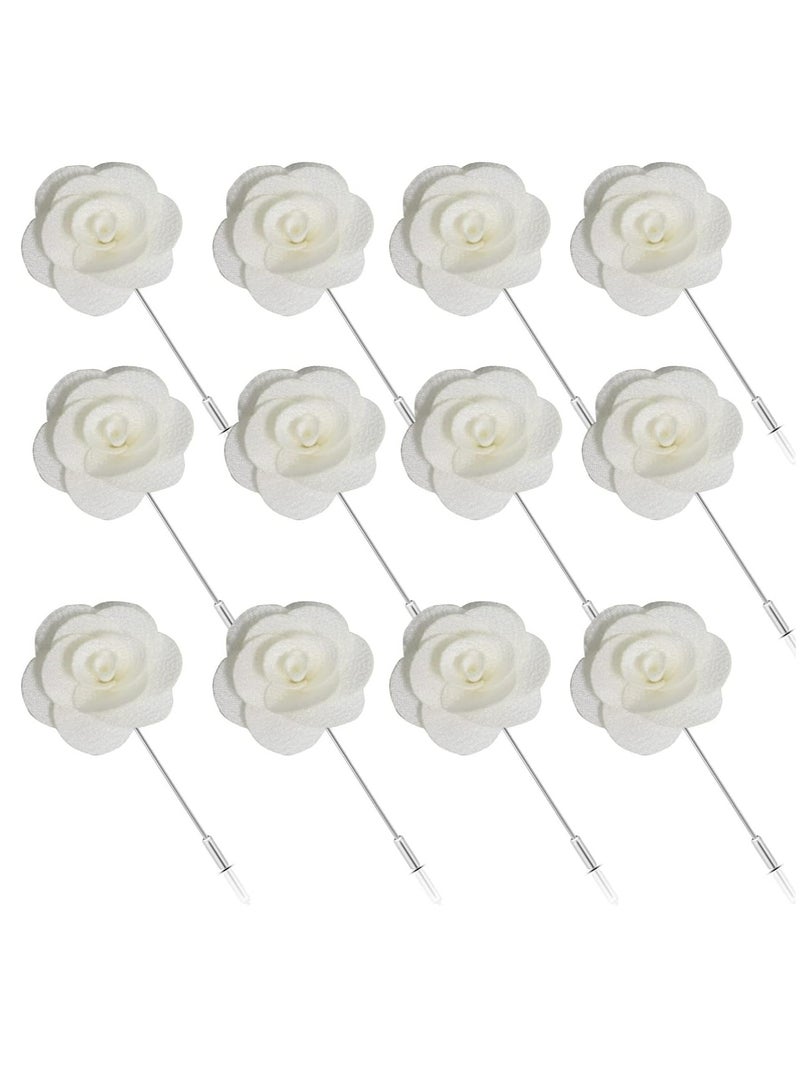 Oasisgalore 12 Pcs White Camellia Lapel Pins, Handmade Boutonnieres for Suits, Weddings, and Parties. - Image 1