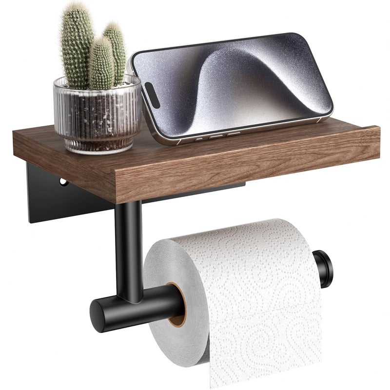Tindbea Toilet Paper Holder with Wood Shelf, Wooden Wall Mount Tissue Paper Roll Holder, Matte Black Stainless Steel Bathroom Accessories Decor Household Home Apartment Restroom Essentials (Walnut) - Image 1
