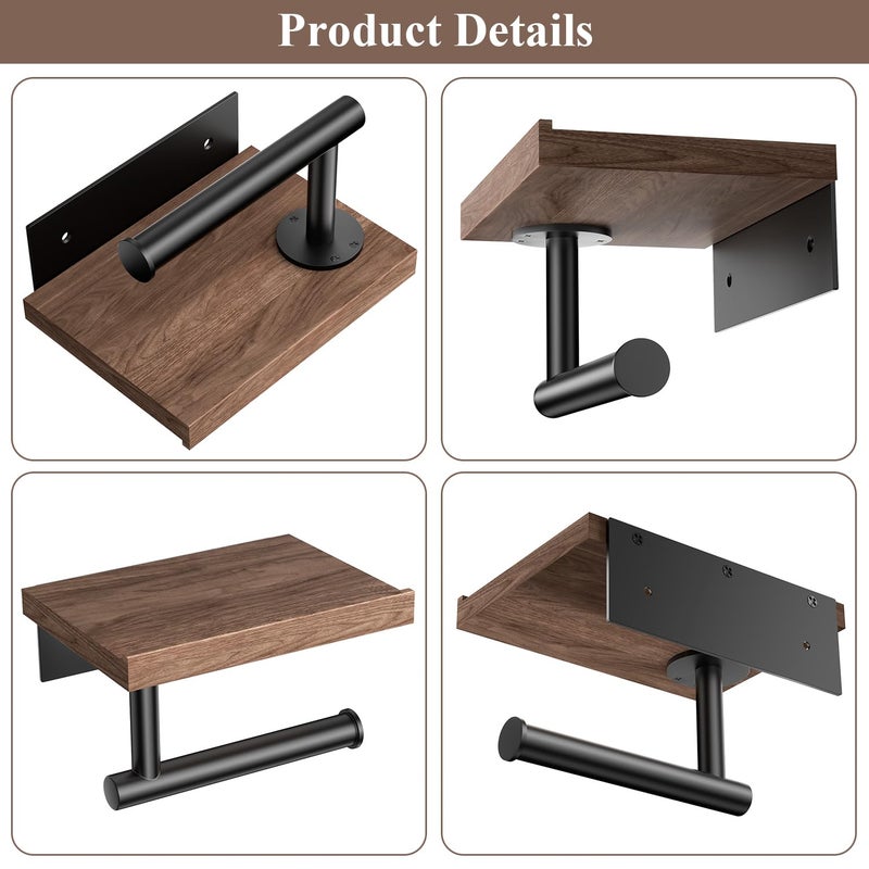 Tindbea Toilet Paper Holder with Wood Shelf, Wooden Wall Mount Tissue Paper Roll Holder, Matte Black Stainless Steel Bathroom Accessories Decor Household Home Apartment Restroom Essentials (Walnut) - Image 5