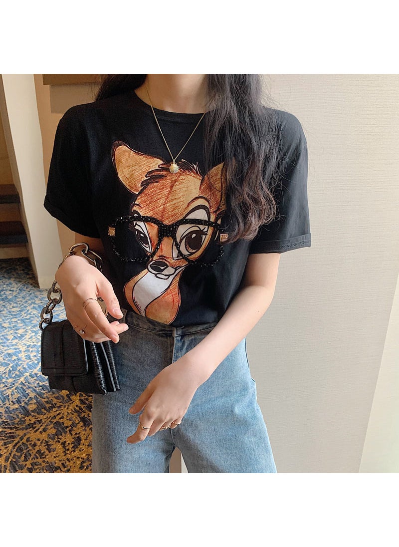 Generic - Smiley Face Printed Loose Fit Short Sleeve T-Shirt Womens Spring Summer New Casual Base Layer Round Neck Top Decorated With Flo Deer white - Image 1