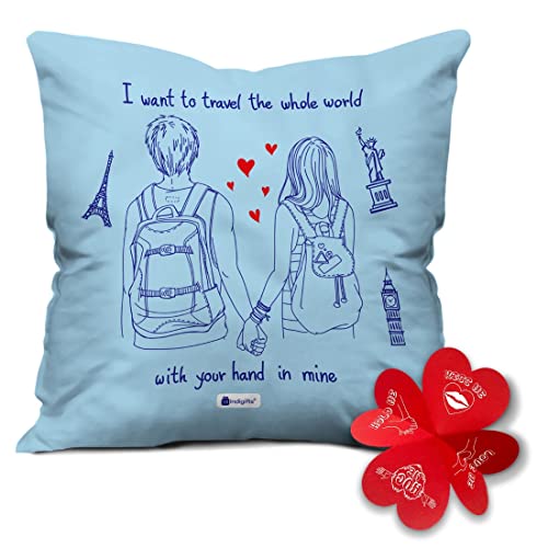 Indigifts Valentine Gifts for Girlfriend Travel Quote Blue Cushion Cover 12x12 inches with Filler - Valentine Day Gift| Valentine Gift for Boyfriend| Boyfriend Gifts| Love Gifts for Boyfriend - Image 1
