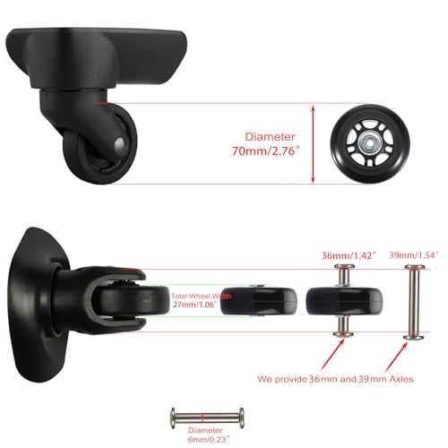 OwnMy 70mm x 24mm Single Luggage Wheels Replacements Kit, Set of 2 Mute Suitcase Replacement Wheels with 36mm/39mm Axles Screws Bearings, Rotatable Rubber Luggage Swivel Wheel Kit - Image 3