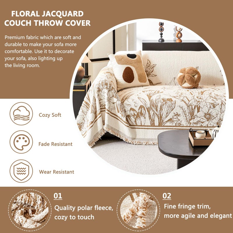 DREAMINGO Floral Sofa Cover for 3 Cushion Couch Thick Plush Furniture Cover 71x134 Inch Vintage Jacquard Tassel Sofa Slipcover for Living Room Farmhouse Sectional Couch Protector Washable, Khaki - Image 4
