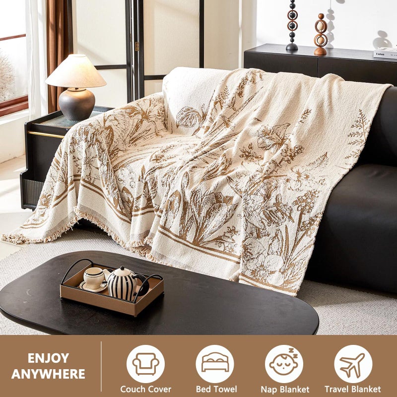 DREAMINGO Floral Sofa Cover for 3 Cushion Couch Thick Plush Furniture Cover 71x134 Inch Vintage Jacquard Tassel Sofa Slipcover for Living Room Farmhouse Sectional Couch Protector Washable, Khaki - Image 3