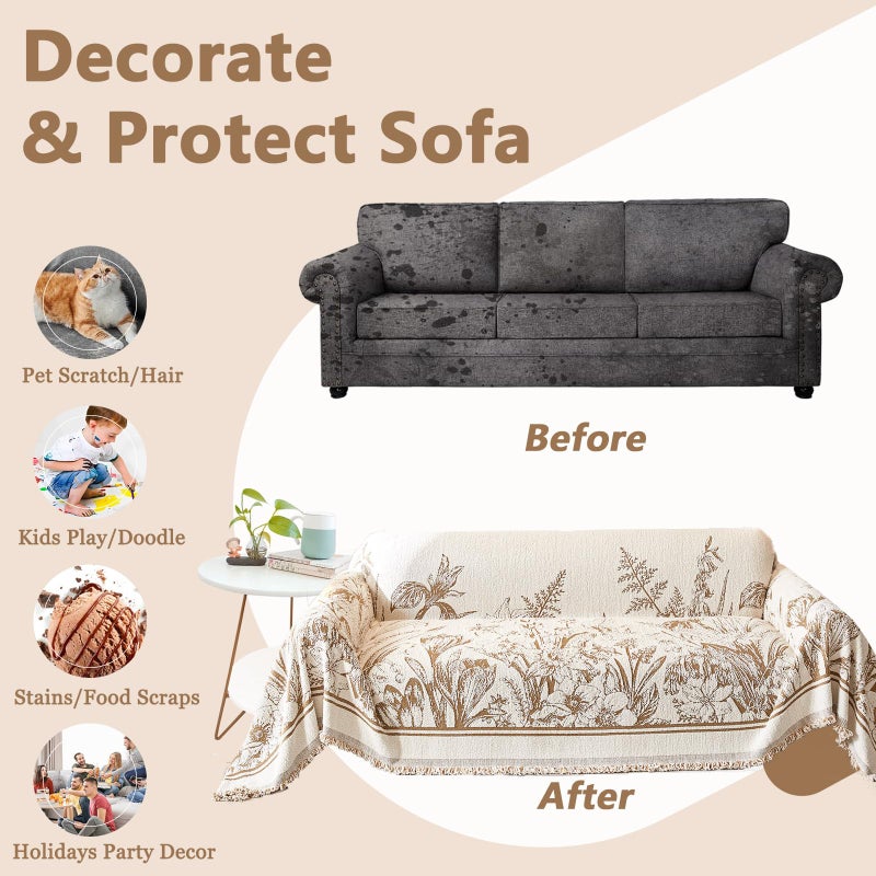 DREAMINGO Floral Sofa Cover for 3 Cushion Couch Thick Plush Furniture Cover 71x134 Inch Vintage Jacquard Tassel Sofa Slipcover for Living Room Farmhouse Sectional Couch Protector Washable, Khaki - Image 5